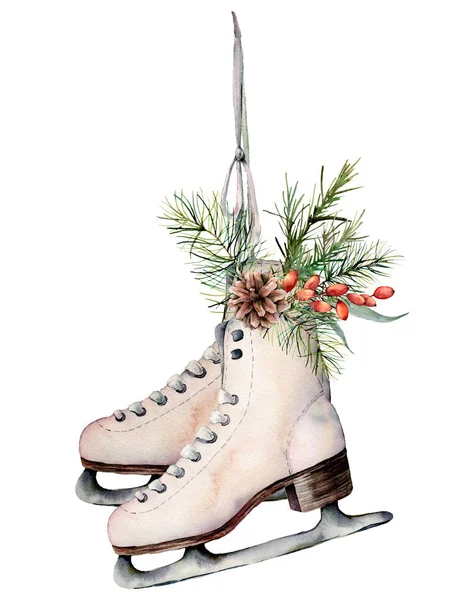 Watercolor vintage skates with Christmas decor. Hand painted white skates with fir branches, berries and fir cone isolated on white background. Holiday symbol for design, print. Seasonal sport object.