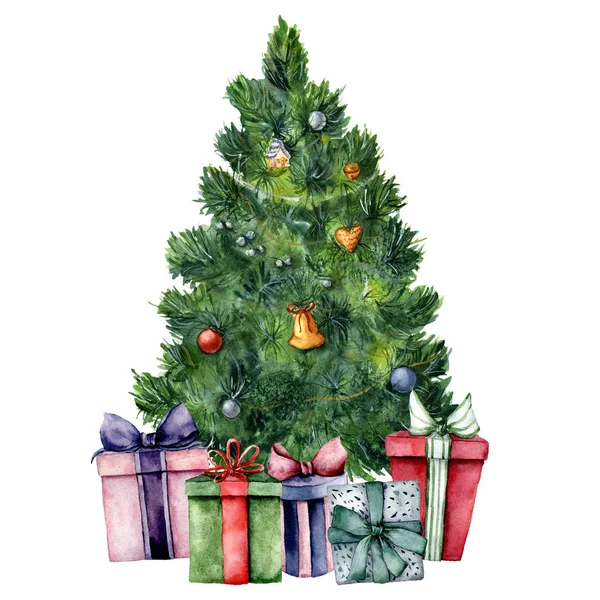 Árbol de Navidad acuarela con juguetes y regalos. Árbol de Año Nuevo pintado a mano con juguetes y luces, cajas de regalo con lazo aislado sobre fondo blanco. Ilustración de vacaciones para diseño, tarjeta, impresión . — Foto de Stock