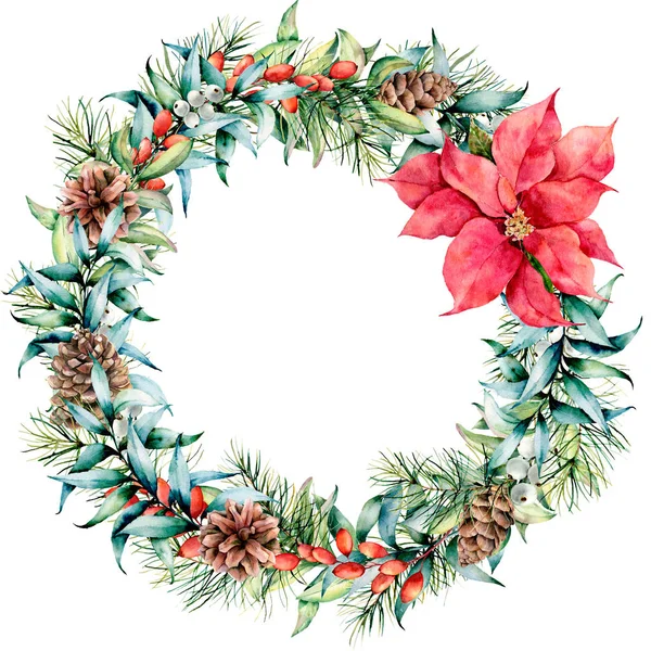 Watercolor Christmas wreath with eucalyptus and poinsettia. Hand painted fir border with cones, berries, eucalyptus leaves isolated on white background. Holiday floral illustration for design, print — Stock Photo, Image