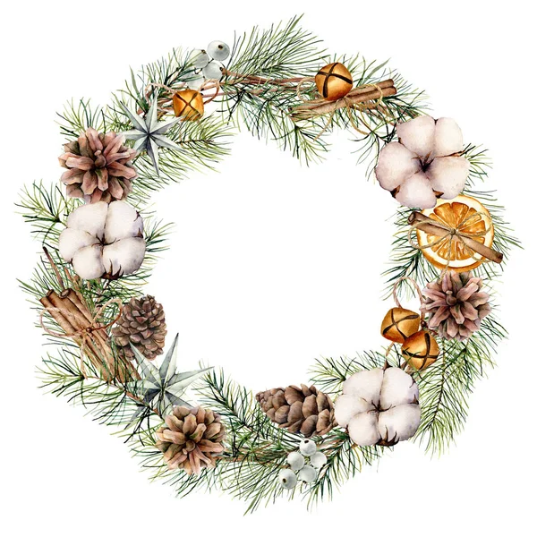 Watercolor Christmas wreath with winter decor. Hand painted fir border with cones, cotton, orange slices, bells, cinnamon sticks isolated on white background. Floral print for design, print — Stock Photo, Image