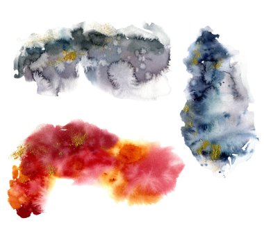 Suluboya ile mavi, kırmızı ve gri sıçrama altın glitter ile beyaz arka plan üzerinde ayarla. Gazetede sıçramasına renk. El suluboya doku çekilmiş. Gösterim amacıyla tasarım, yazdırma veya arka plan
