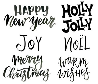 Sulu boya Noel ifadeler. El yazı beyaz arka plan üzerinde izole boyalı. Yeni Yılınız Kutlu Olsun. Mutlu Noeller. Sevinç. Noel. Sıcak dilek. Holly Jolly. Hat metin tasarım, yazdırma veya -oyun kağıdı için.