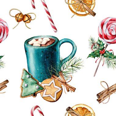 Sulu boya Noel pasta ve kakao desenle. El boyalı kurabiye, tarçın, hatmi, beyaz arka plan üzerinde izole köknar dalı ile kakao fincan. Tatil Dikişsiz desen baskı, kumaşlar için.