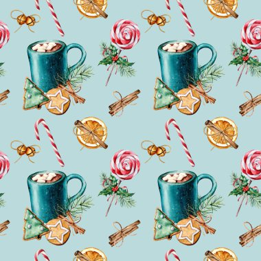 Sulu boya Noel desenle pasta ve kakao kupa. El boyalı kurabiye, tarçın, hatmi, üzerinde mavi arka plan izole köknar dalı ile kakao fincan. Tatil Dikişsiz desen baskı.