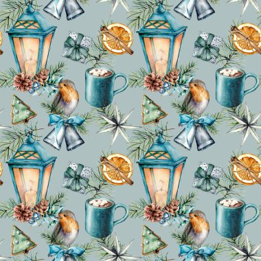 Sulu boya Noel seamless modeli İskandinav tarzı. El boyalı mavi Fener'in, hatmi, robin, pasta, gümüş bir çan ve üzerinde mavi arka plan izole giftboxes ile kakao fincan. Tatil Yazdır.