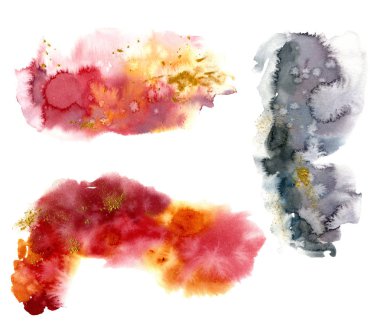 Suluboya beyaz arka plan üzerinde renkli sıçrama ile ayarla. Gazetede sıçramasına renk. El suluboya doku altın glitter ile çekilmiş. Gösterim amacıyla tasarım, yazdırma veya arka plan