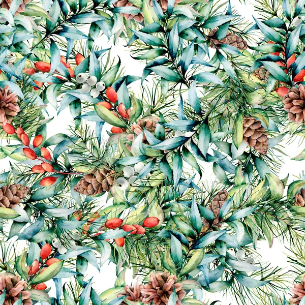 Watercolor Christmas pattern with eucalyptus and berries. Hand painted fir branches with cones, barberries, eucalyptus leaves isolated on white background. Holiday floral illustration for design — Stock Photo, Image