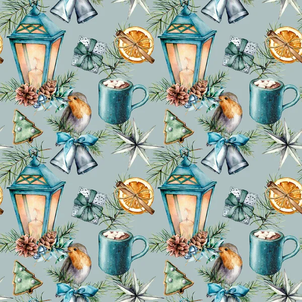 Watercolor Christmas seamless pattern in scandinavian style. Hand painted Blue lantern, cacao cup with marshmallow, robin, pastry, silver bell and giftboxes isolated on blue background. Holiday print. — Stock Photo, Image