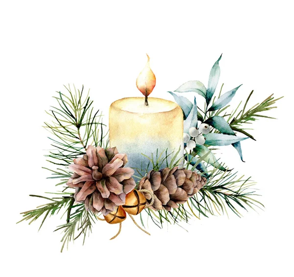 Akvarell karácsonyi gyertyát ünnep díszítéssel. Kézzel festett, virág kompozíció, eukaliptusz levelek, harangok, fenyő kúpok és bogyók elszigetelt fehér background. Botanikai illusztráció design — Stock Fotó
