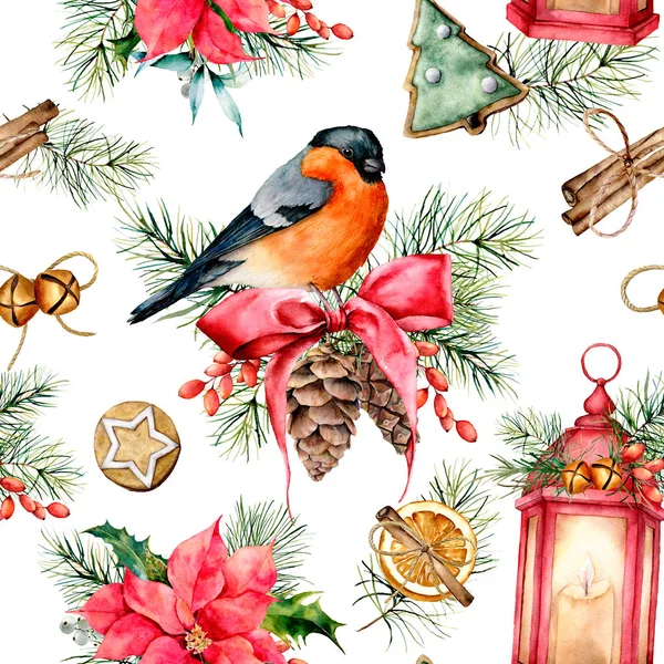 Watercolor Christmas pattern with holiday symbols. Hand painted bullfinch, lantern with candle, poinsettia, holly, mistletoe, pine cones, cookies, cinnamon, fir branch isolated on white background. — Stock Photo, Image