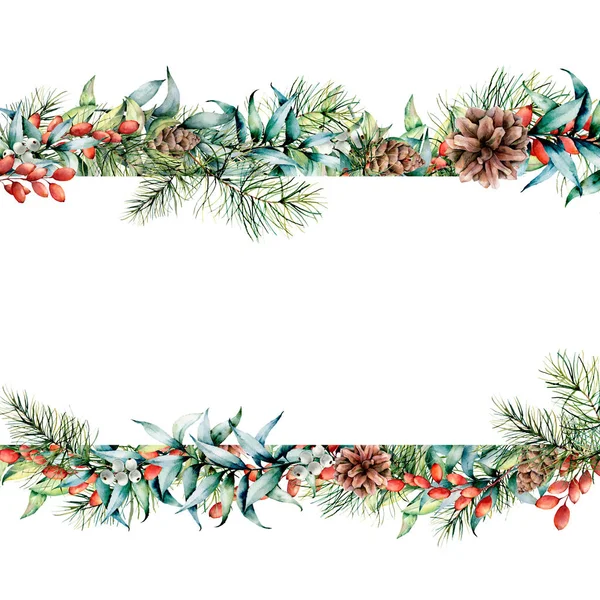 Akvarell karácsonyi virág banner. Kézzel festett, virág girland, bogyók és a fenyő ága, eukaliptusz levelek, fenyőtoboz, elszigetelt fehér background. Holiday ClipArt tervezése, nyomtatása — Stock Fotó