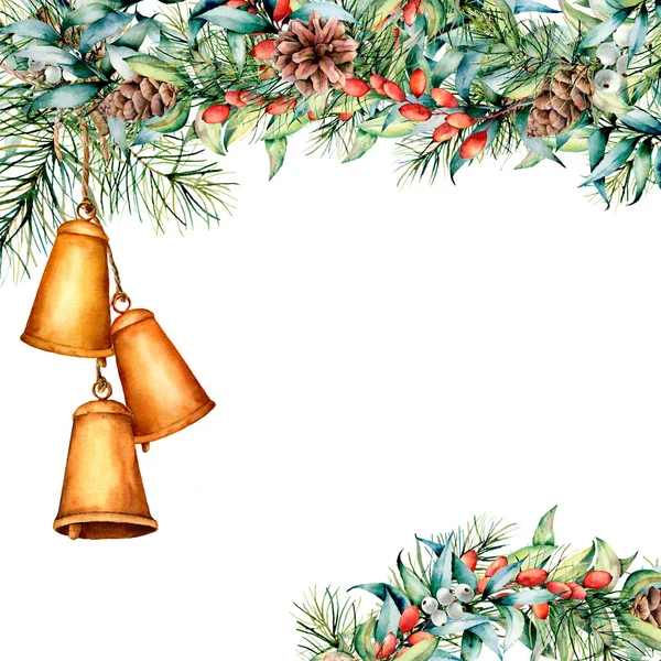 Cartão floral de Natal aquarela com sinos guirlanda. Pintados à mão eucalipto e ramos de abeto, bagas e folhas, cones de pinheiro isolados em fundo branco. Cartão de férias para design — Fotografia de Stock