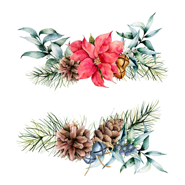 白い背景の上の水彩冬花の植物。ビンテージ スタイルのクリスマスの木の枝を設定、ユーカリの葉、ベル、ヒイラギ、ヤドリギ、ポインセチアの花。休日の設計図. — ストック写真