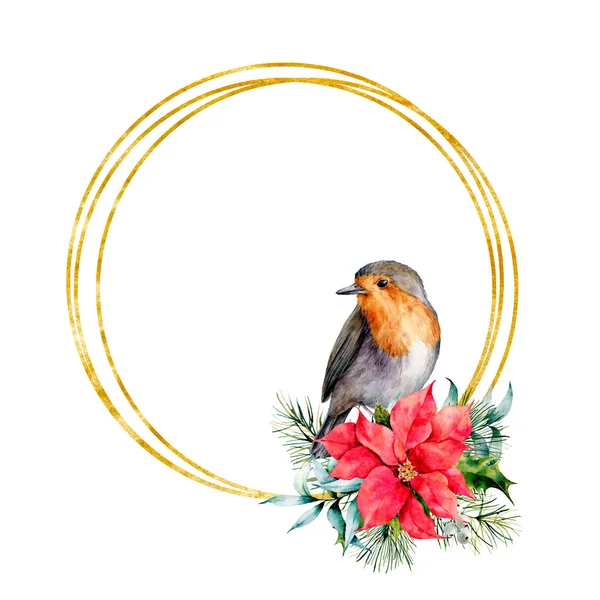 Akvarell arany Karácsonyi koszorú, robin és téli design. Kézzel festett madár Mikulásvirág, fagyöngy, fenyő ága és holly elszigetelt fehér background. Holiday szimbólum tervezése, nyomtatása. — Stock Fotó