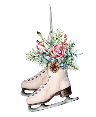 Suluboya vintage paten kış çiçek dekor ve şekerler. El çam dalları, çilek, holly ile beyaz paten boyalı ve beyaz arka plan üzerinde izole köknar koni. Noel simgesi tasarım. 