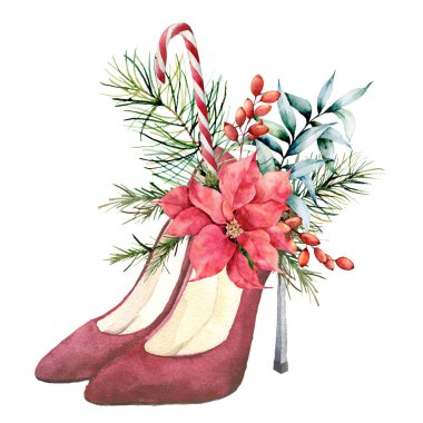 Watercolor red suede heeled shoes with Christmas floral decor. Hand painted fir branches, berries, eucalyptus leaves, poinsettia and candy cone on white background. Holiday symbol for design.  clipart
