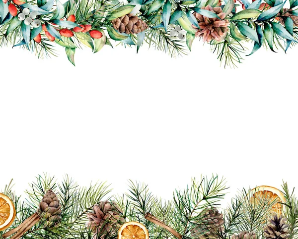 Banner de inverno aquarela com guirlanda floral e especiarias. Pintados à mão eucalipto e ramos de abeto, bagas e folhas, cones de pinheiro, canela isolada no fundo branco. Cartão de Natal para design — Fotografia de Stock