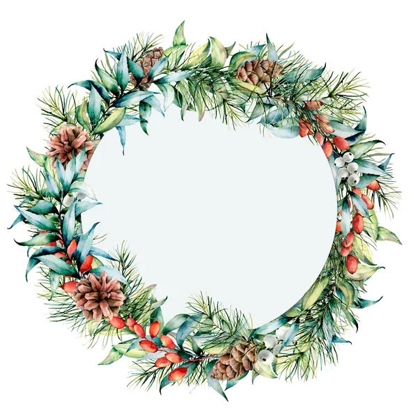 Watercolor circle floral frame with winter plants. Hand painted eucalyptus and fir branches, berries and leaves, pine cones isolated on white background. Holiday Christmas card for design, print — Stock Photo, Image