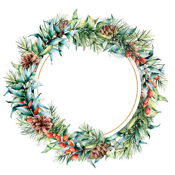 Watercolor circle floral frame with winter plants and golden decor. Hand painted eucalyptus and fir branches, cones, berries and leaves isolated on white background. Christmas card for design, print