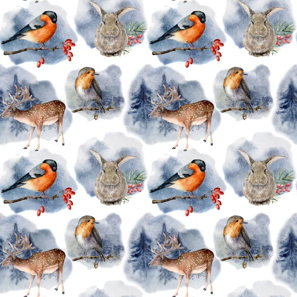 Padrão de aquarela com animais e pássaros na floresta de inverno. Cervos pintados à mão, lebre, billfinch, robin e pinheiros isolados em fundo branco. Arte de clipe de férias para design, impressão, tecido — Fotografia de Stock