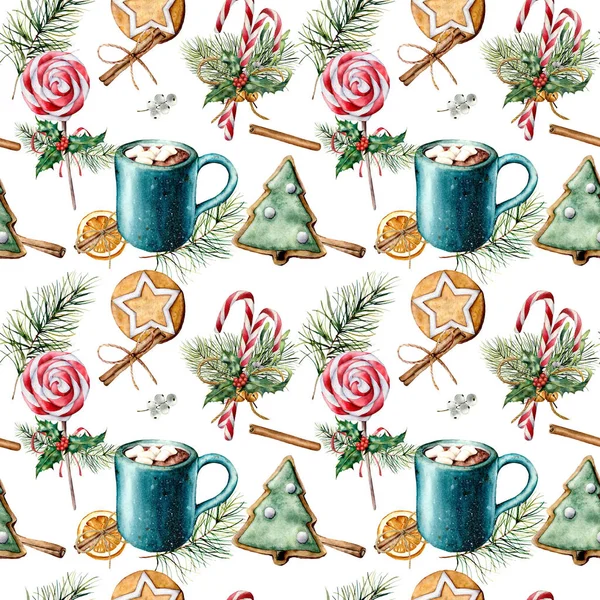 Акварель с рождественской едой. Ручная роспись печенья, корица, чашка какао с зефиром, конфетка, ель ветви изолированы на белом фоне. Праздничный бесшовный рисунок для печати, ткани . — стоковое фото