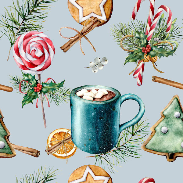 Акварель с рождественскими сладостями. Ручная роспись печенья, корица, чашка какао с зефиром, конфетный тростник, ель ветви изолированы на синий цвет. Праздничный бесшовный рисунок для печати, ткани
