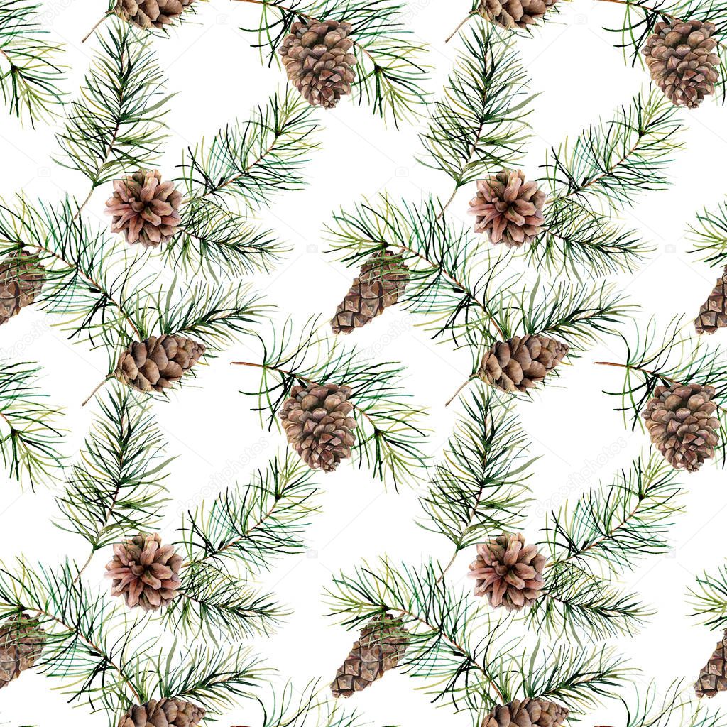 Watercolor pattern with fir branch and cones. Hand painted pine tree and pine cone isolated on white background. Winter background. Holiday nature ornament for design, fabric, print.