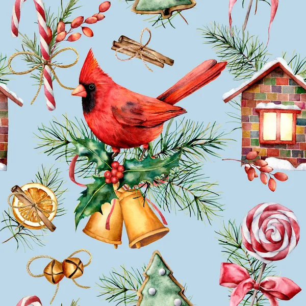 Aquarel Kerst patroon met kardinaal en vakantie symbolen. Handgeschilderde rode vogel, klokken, huis, riet van het suikergoed, pine tak geïsoleerd op blauwe achtergrond. Winter illustratie voor ontwerp, stof — Stockfoto