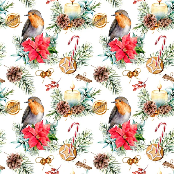 Watercolor holiday pattern with robin and  Christmas symbols. Hand painted bird, bell, poinsettia, candy cane, candle, pine branch isolated on white background.  Winter illustration for design — Stock Photo, Image