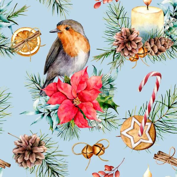 Aquarel Kerst patroon met robin en vakantie symbolen. Handgeschilderde vogel, klokken, poinsettia, riet van het suikergoed, kaars, pine tak geïsoleerd op blauwe achtergrond. Winter illustratie voor ontwerp, stof — Stockfoto