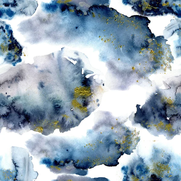 Acquerello blu inverno modello astratto con glitter oro. Pittura a mano blu, navate e macchie gialle. Sfondo vacanza per design, stampa, tessuto — Foto Stock