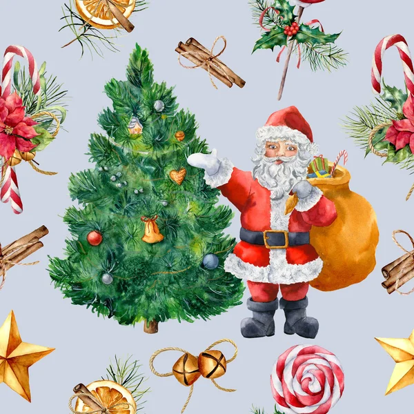 Aquarellmuster mit Weihnachtsbaum und Weihnachtsmann. handbemalte Stechpalme, Mistel, Weihnachtsstern, Glocken, Stern, Zimtstange, Zuckerrohr isoliert auf blauem Hintergrund. Urlaubsillustration für Design — Stockfoto