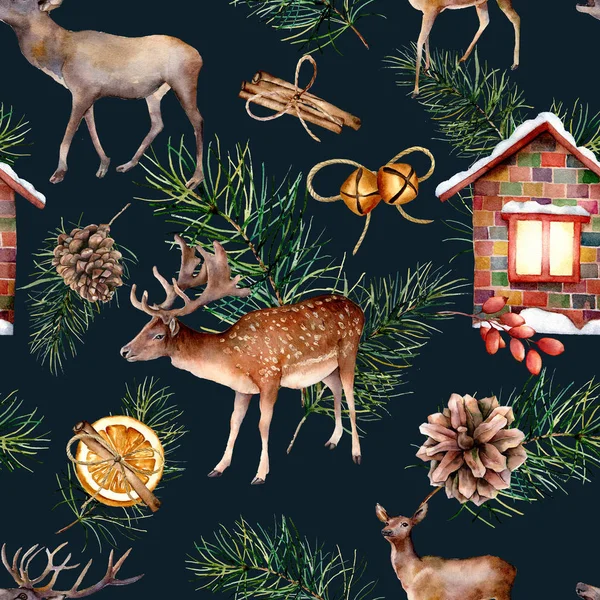Watercolor scandinavian seamless pattern with deers. Hand painted house, deers, pine branch with cones, orange, cinnamon stick isolated on dark blue background. Holiday illustration for fabric, design — Stock Photo, Image