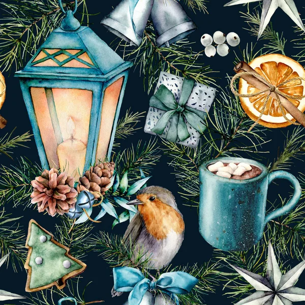 Watercolor scandinavian pattern of Christmas. Hand painted lantern, bells, robin, cookies, orange slice, cacao cup, cinnamon and pine branch isolated on blue background. Holiday ornament for design — Stock Photo, Image