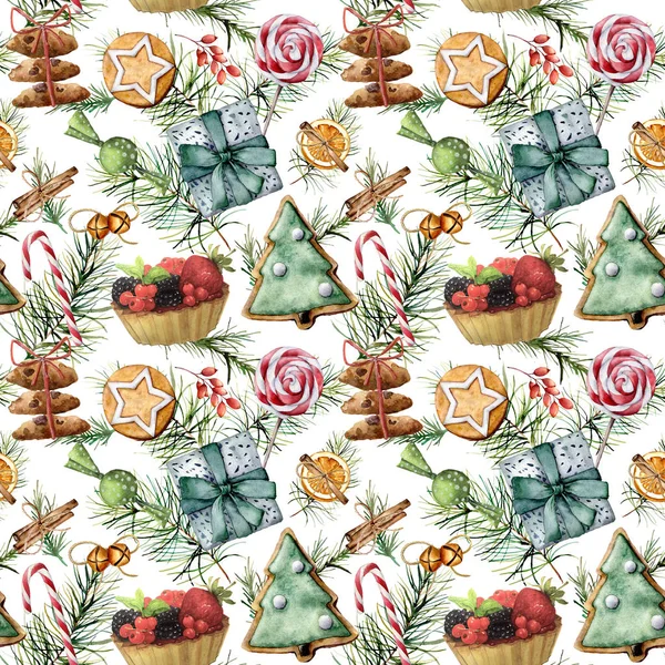 Watercolor Christmas pattern with holiday pastry. Hand painted cookies, candies, cake with berries and fruits, candy cane, lollipop,  pine branch isolated on white background. Food illustration. — Stock Photo, Image
