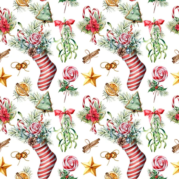 Watercolor pattern with Christmas sock and decor. Hand painted  mistletoe, holly, poinsettia, cookies, candy cane, star isolated on white background. Holiday ornament for fabric, design.