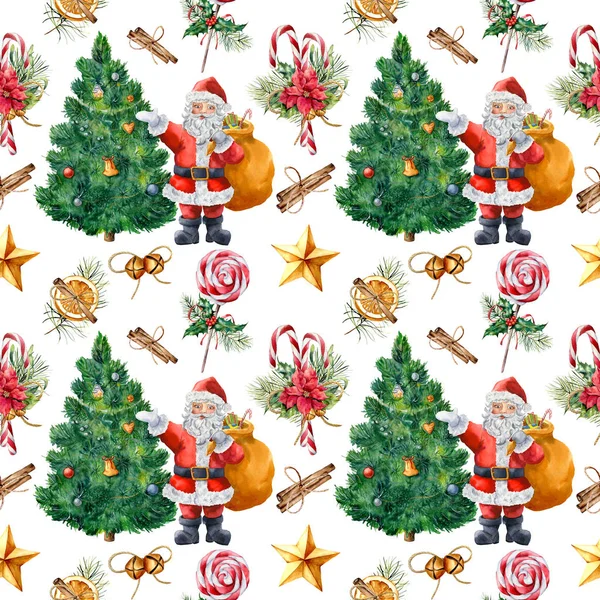 Ακουαρέλα απρόσκοπτη μοτίβο με Χριστουγεννιάτικο δέντρο και Santa. Χειροποίητη holly, γκι, Αλεξανδρινό, κουδούνια, αστέρι, κανέλα stick, από ζαχαροκάλαμο καραμέλα που απομονώνονται σε λευκό φόντο. Εκτύπωση διακοπών για το σχεδιασμό — Φωτογραφία Αρχείου