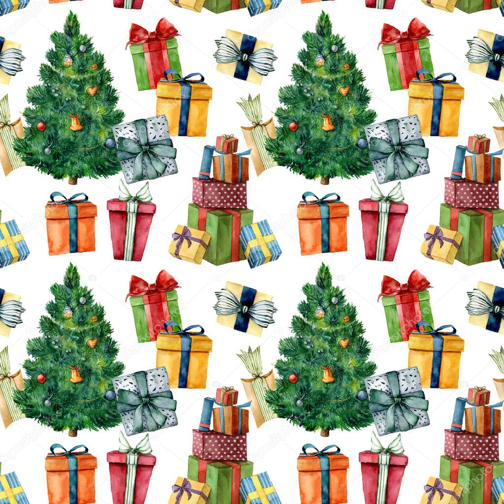 Watercolor pattern with Christmas tree and presents. Hand painted pine tree with toys, gift boxes with bows isolated on white background. Holiday illustration for design, print, fabric.