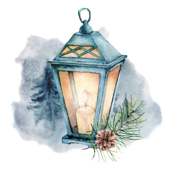 빛나는 랜 턴과 수채화 겨울 그림입니다. 귀여운 장식 구성: 촛불 램프, 전나무 지점 및 소나무 콘 흰색 배경에 고립. 손으로 그린된 아늑한 아이콘. — 스톡 사진
