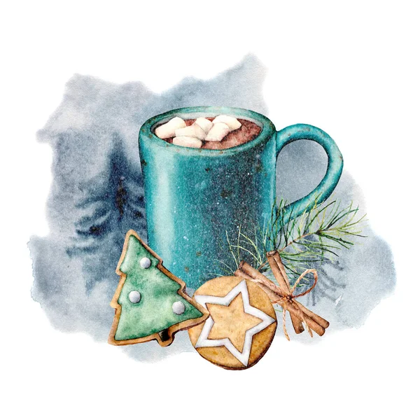 Akvarell hangulatos Kártya kakaó és a tészta. Kézzel festett csésze kakaó, fehérmályva, cookie-k és a fahéj botokkal a elszigetelt fehér háttér. Holiday szimbólumok. Szezonális karácsony divatos illusztráció. — Stock Fotó