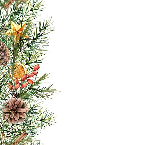 Watercolor winter floral card with fir branch. Hand painted garland with berries, cinnamon, orange, pine cone isolated on white background. Holiday border for design, print. Christmas illustration — Stock Photo, Image