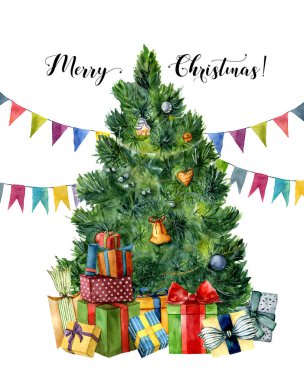 Noel ağacı, hediyeler ve bayrak çelenk ile suluboya kartı. El hediye kutuları ile yay, çam ağacı beyaz arka plan üzerinde izole Noel oyuncaklar ile boyalı. Tatil esnaf için tasarım, yazdırma