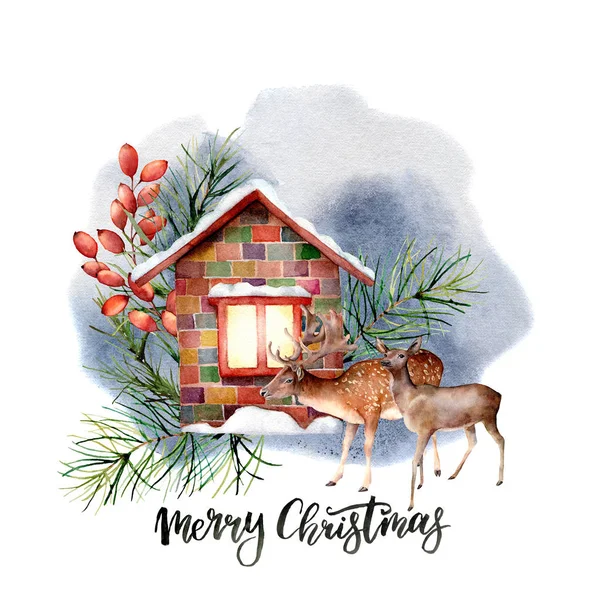 Akvarelu lesní krajina scéna s vánoční nápisy. Zasněžené dům s květinovou výzdobou a sobů izolovaných na bílém pozadí. Ručně malované vinobraní vánoční přání pro tisk, design. — Stock fotografie