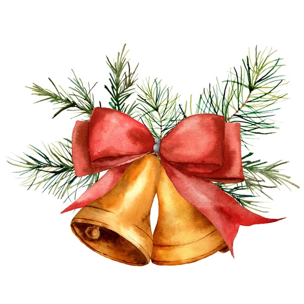 Watercolor Christmas bells composition. Hand painted gold traditional bells with red ribbon and pine branches isolated on white background. Holiday elegant illustration for design, print. — Stock Photo, Image