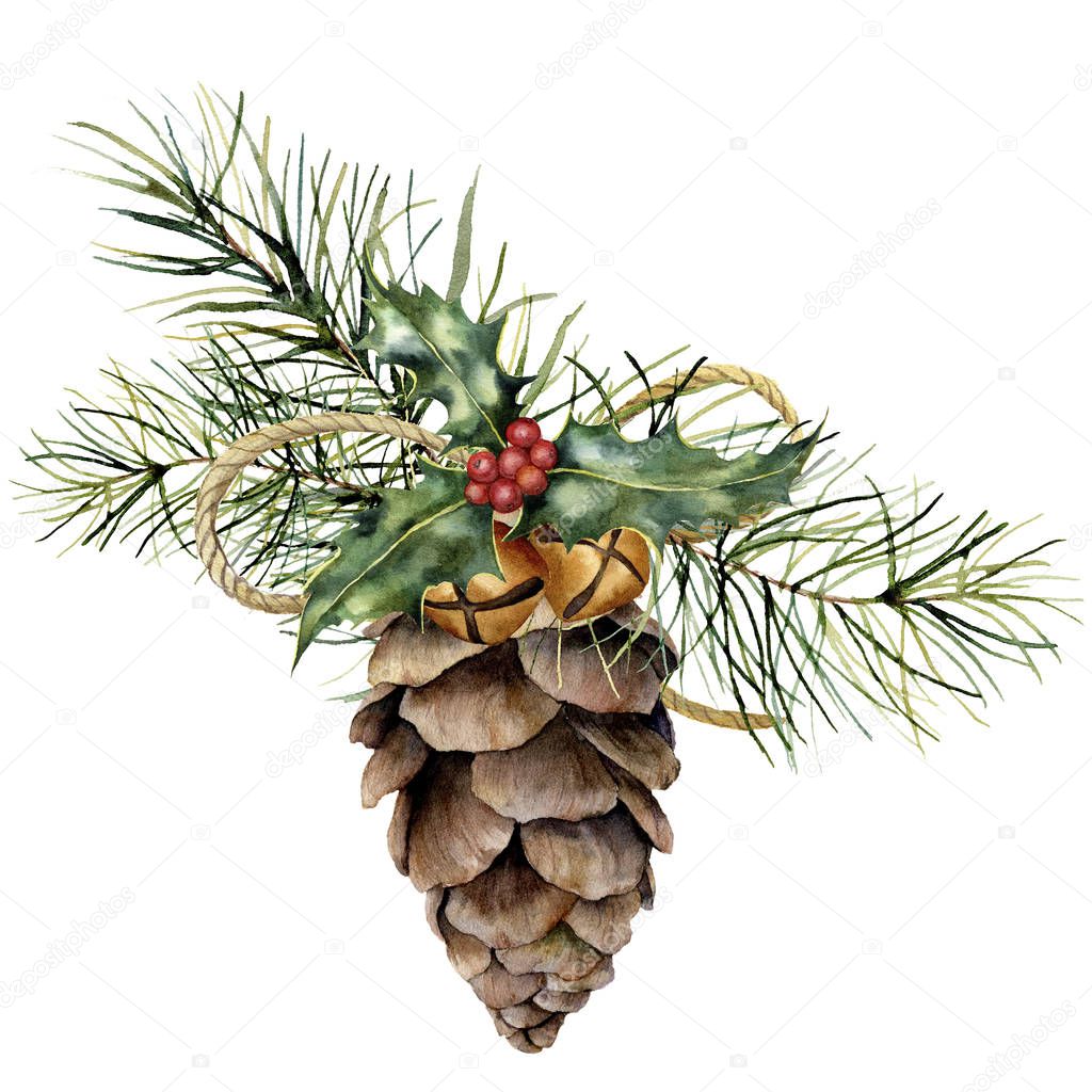 Watercolor pine cone with Christmas decor. Hand painted pine cone with christmas tree branch, bells, holly and craft ribbon isolated on white background for design or print. Holiday plants.