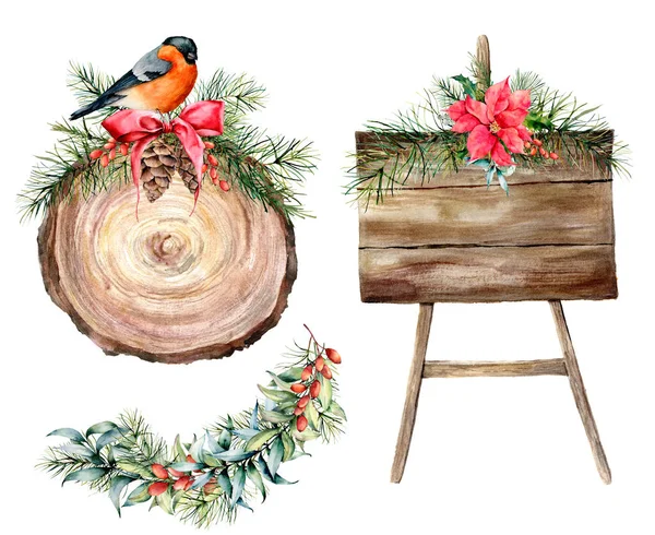 Zestaw świąteczny wystrój akwarela etykiety Boże Narodzenie. Ręcznie rysowane drewna plasterek, drzewo zarządu, jak i zimą rośliny wystrój na białym tle. Z kolekcji Vintage logo kwiatowy — Zdjęcie stockowe