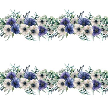 Mavi ve beyaz anemon ile suluboya sorunsuz sınır. El çiçek Okaliptüs yaprakları ve dalları, beyaz arka plan üzerinde izole meyveleri ile boyalı. Çiçek zarif Gösterim amacıyla tasarım, yazdırma