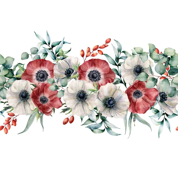 Akvarelu bezešvé kytice s červené a bílé sasanky. Ručně malované květy s eucalyptus listy a větve, bobule izolovaných na bílém pozadí. Elegantní květinové ilustrace pro design, tisk — Stock fotografie