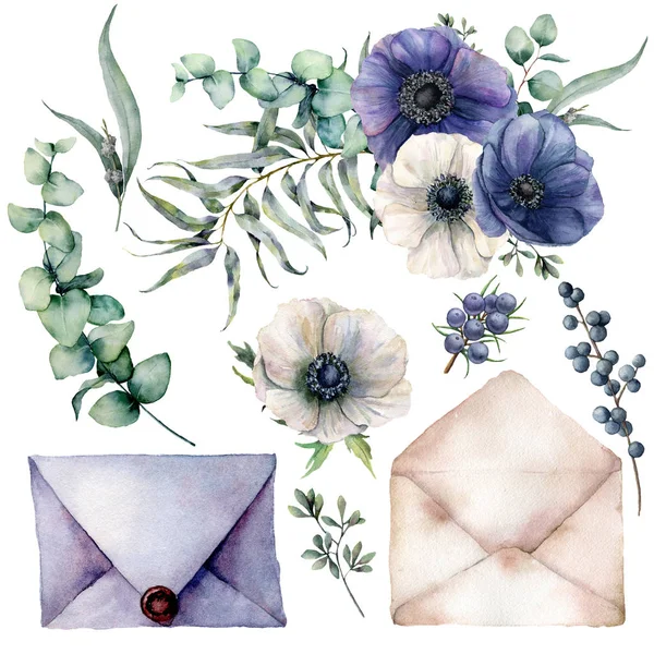 Ακουαρέλα γάμου μπλε μια λευκή διακόσμηση στοιχεία. Το χέρι συντάσσονται ανεμώνες με φύλλα ευκαλύπτου και κλαδιά, τα μούρα και φάκελοι που απομονώνονται σε λευκό φόντο. Floral εικονογράφηση για το σχεδιασμό — Φωτογραφία Αρχείου