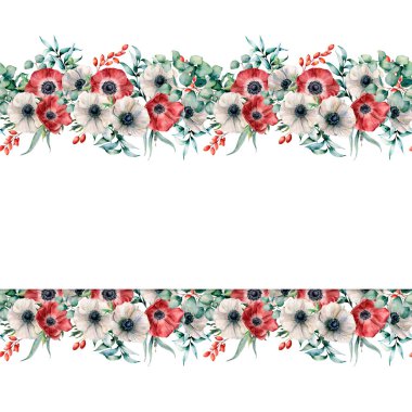 Kırmızı ve beyaz anemon ile suluboya sınır. El çiçek Okaliptüs yaprakları ve dalları, beyaz arka plan üzerinde izole meyveleri ile boyalı. Çiçek zarif Gösterim amacıyla tasarım, yazdırma